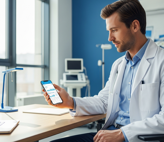Médico acompanha informações da agenda no celular durante o atendimento